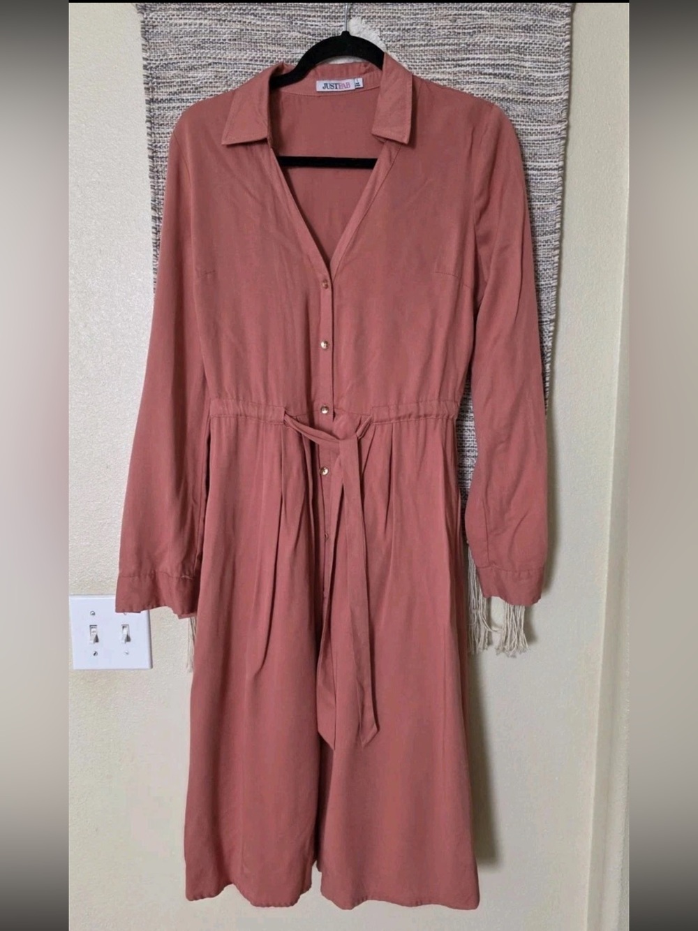 JustFab Dusty Rose Button-Front Tie-Waist Long Sleeve Dress